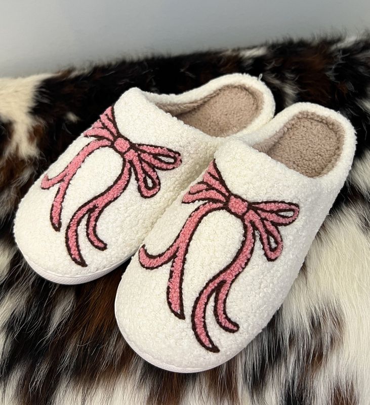 Cute Bow Knot Pattern Fuzzy Winter Home Slippers