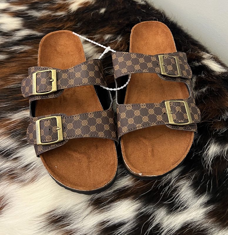 Ldc Geometric Print Cut Out Buckle Pu Leather Flat Slippers