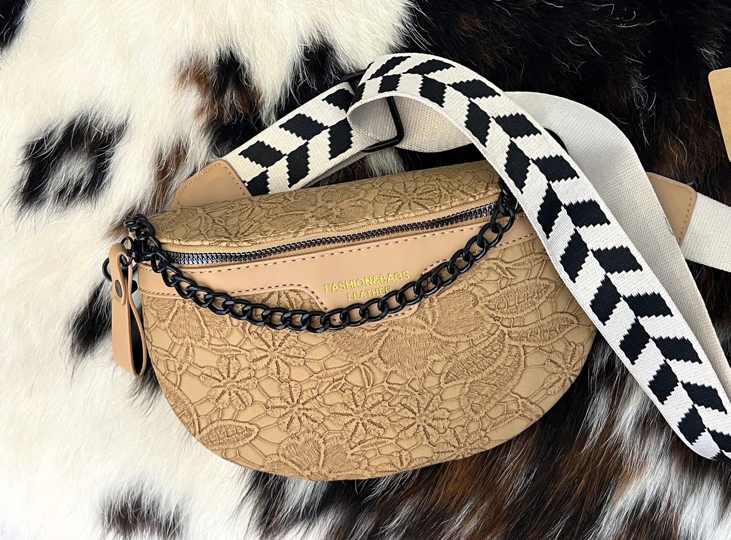 Colorful Strap Chain Shoulder Bag With Coin Purse, Color: Camel