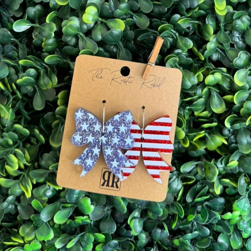 1.5&quot; Glitter Stars &amp; Stripes Bow Acrylics - Patriotic Earrings