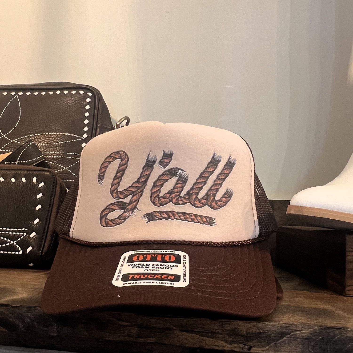 Y&#39;all Dtf Printed Brown &amp; Tan Foam Trucker Hat