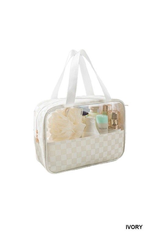 Checkered Pattern Travel Clear Bag, Color: Ivory