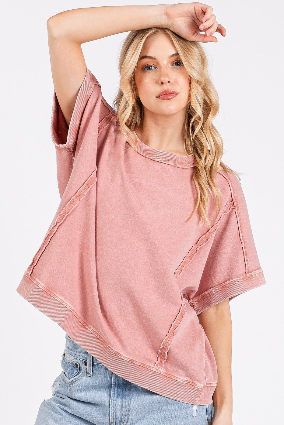 Mineral Wash French Terry Crew Neck Casual Top, Color: Antique Pink, Size: Small