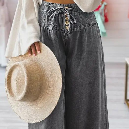 Mineral Wash Button Fly Waist Wide Leg Jeans