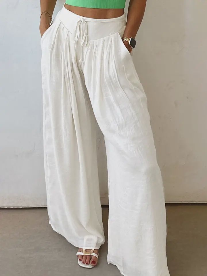 Solid Drop Waist Pleated Wide Leg Casual Pants, Size: Small