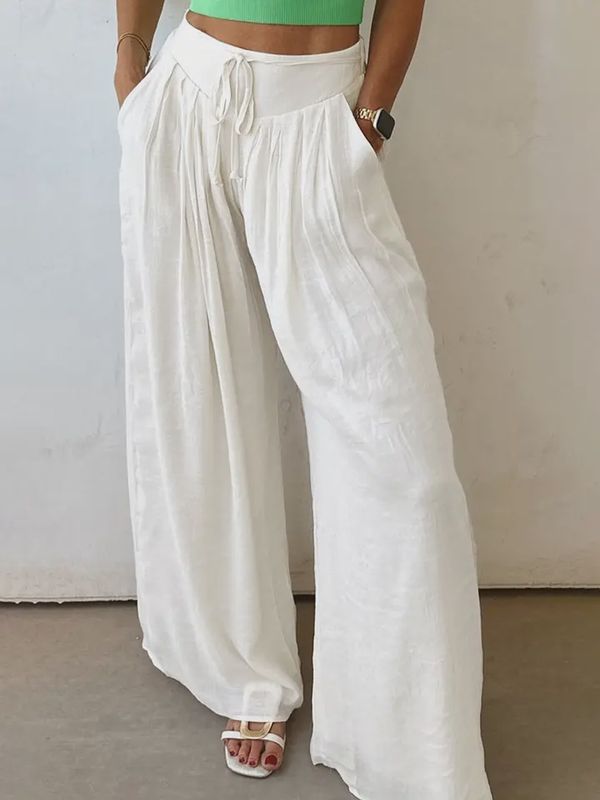 Solid Drop Waist Pleated Wide Leg Casual Pants