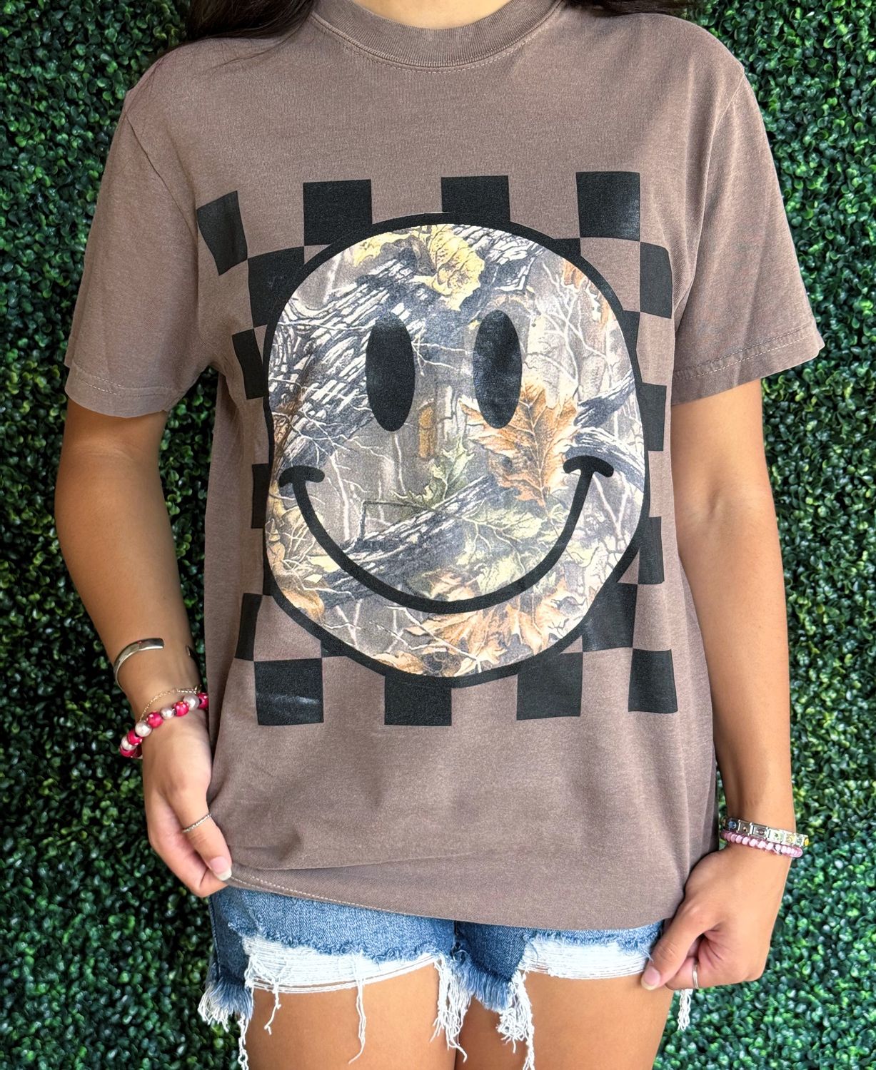 Camo Smiley Checkered Espresso Graphic Tee, Size: Small