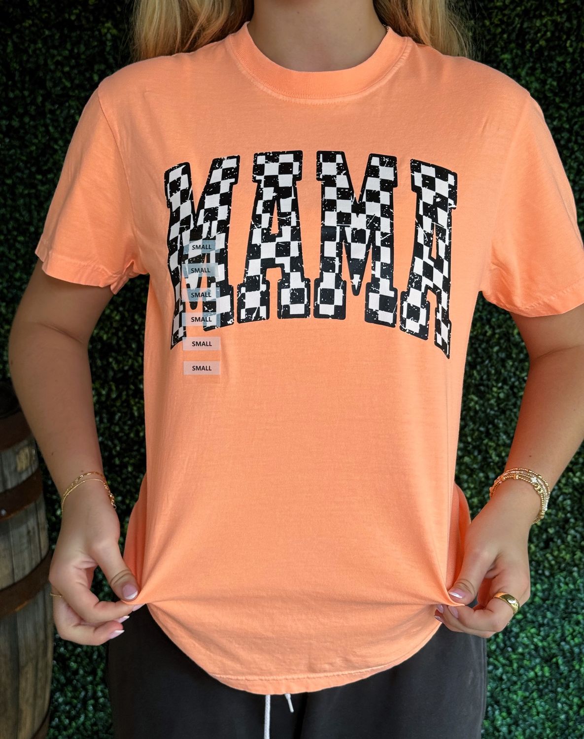 Mama Checkered Varsity Curved Tee, Color: Neon Cantaloupe, Size: Small