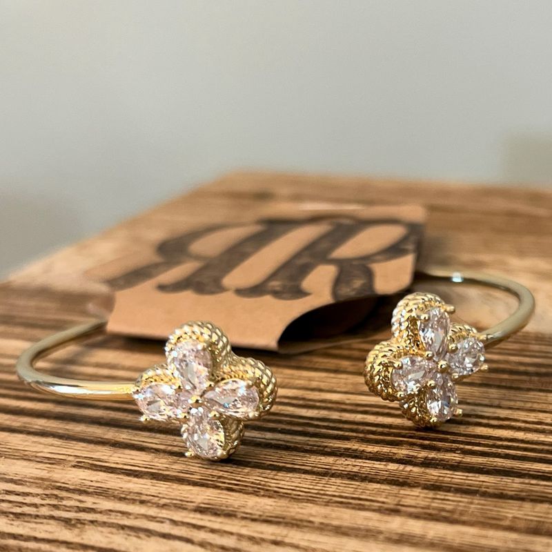CZ 4-Leaf Clover Edge Solid Cuff Bangle Bracelet