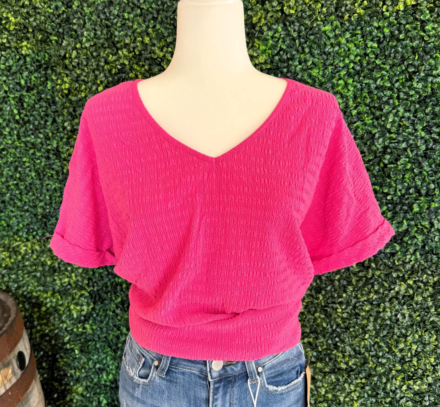 Crinkle Short Sleeve V-Neck T-Shirt Plus Size, Size: 1X