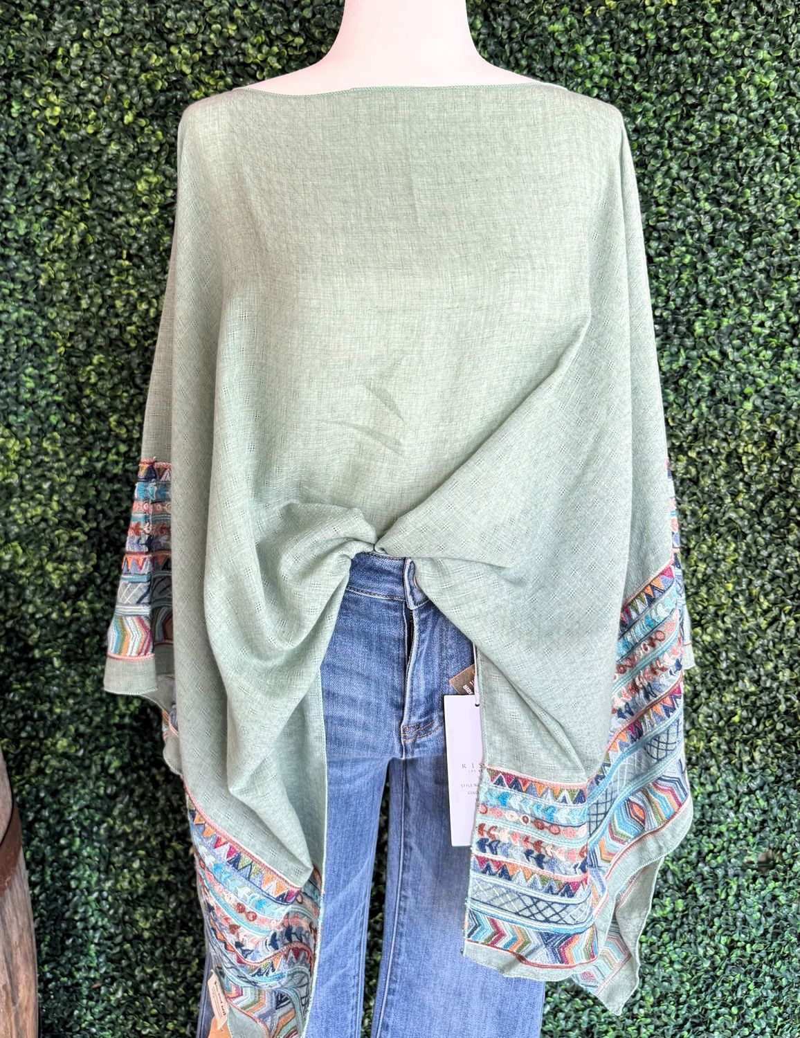 Fallon Embroidered Sleeve Poncho, Color: Sage
