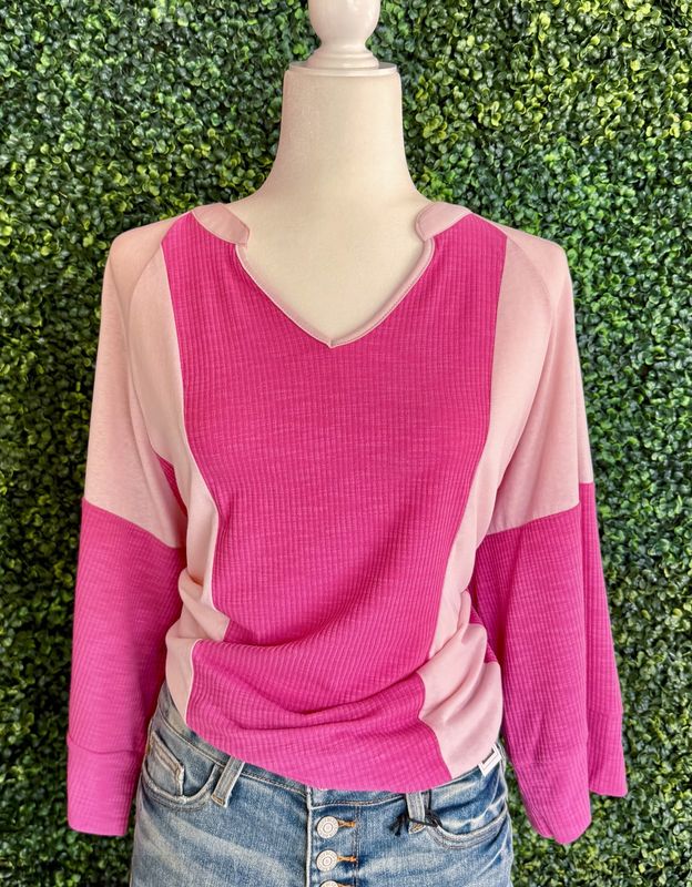 Colorblock Textured 3/4 Sleeve Pink Top