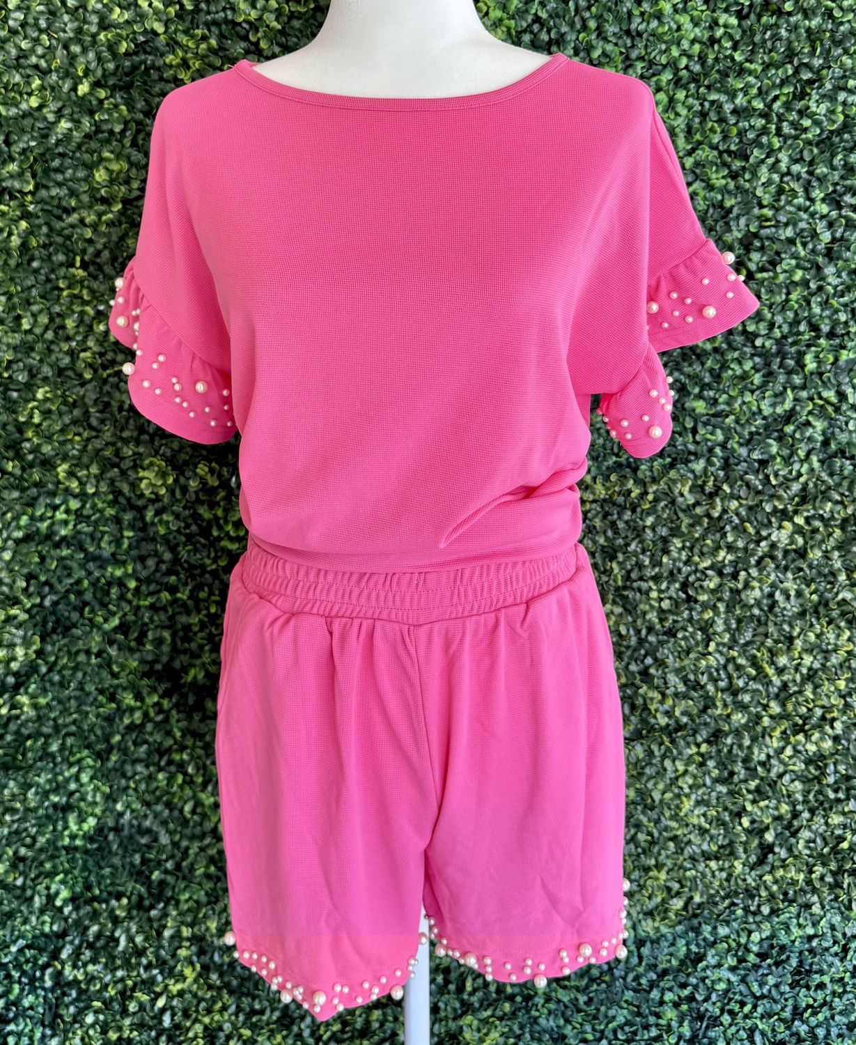 Textured Pearled Ruffle Sleeve Top 2 Piece Shorts Set, Size: Small