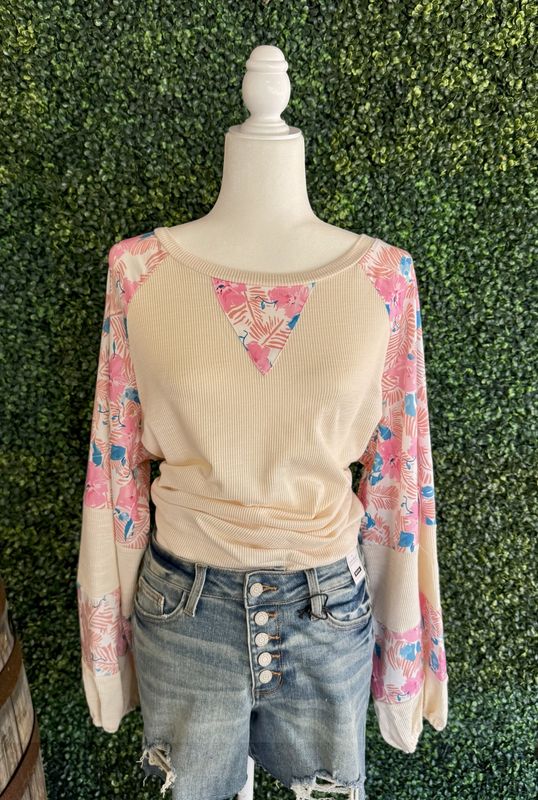 Floral Ribbed Puff Sleeve Top Plus Size