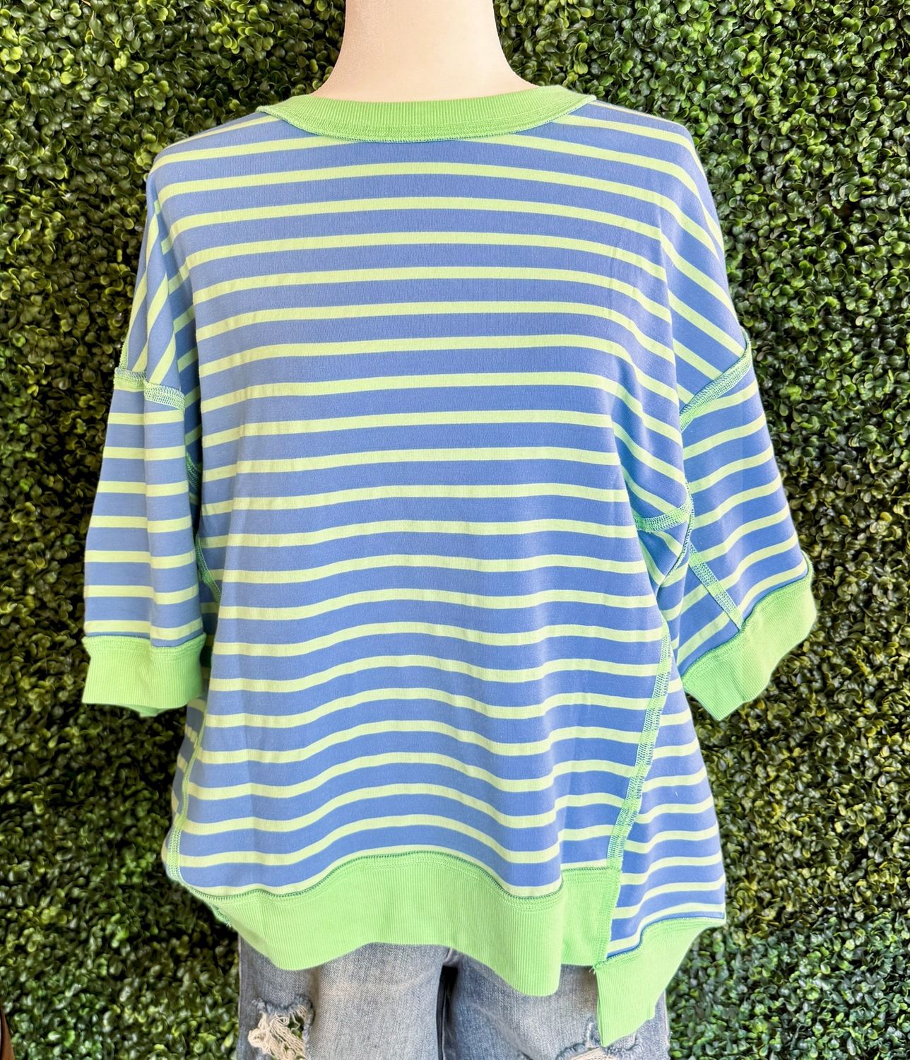 Stripe Contrast Trim Oversized T-Shirt, Color: Sky Blue Stripe, Size: Small