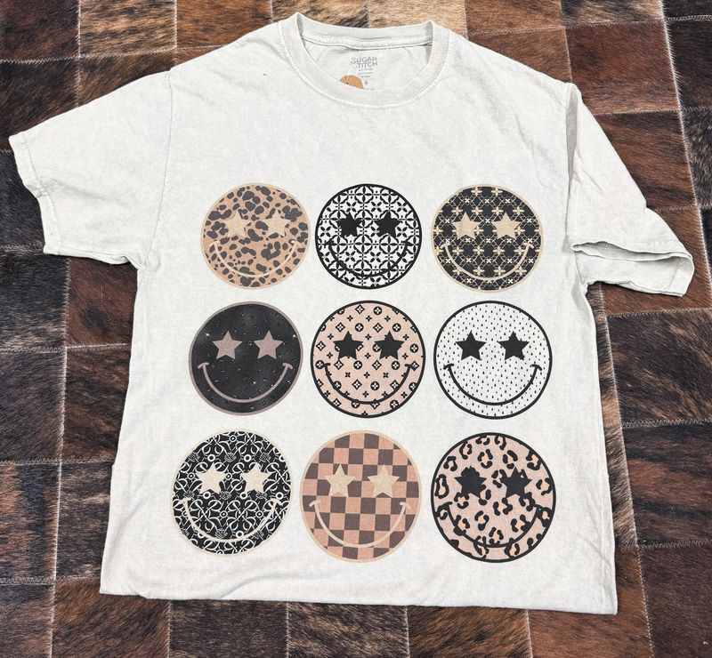 Preppy Smiley Mineral Washed Taupe Graphic Shirt