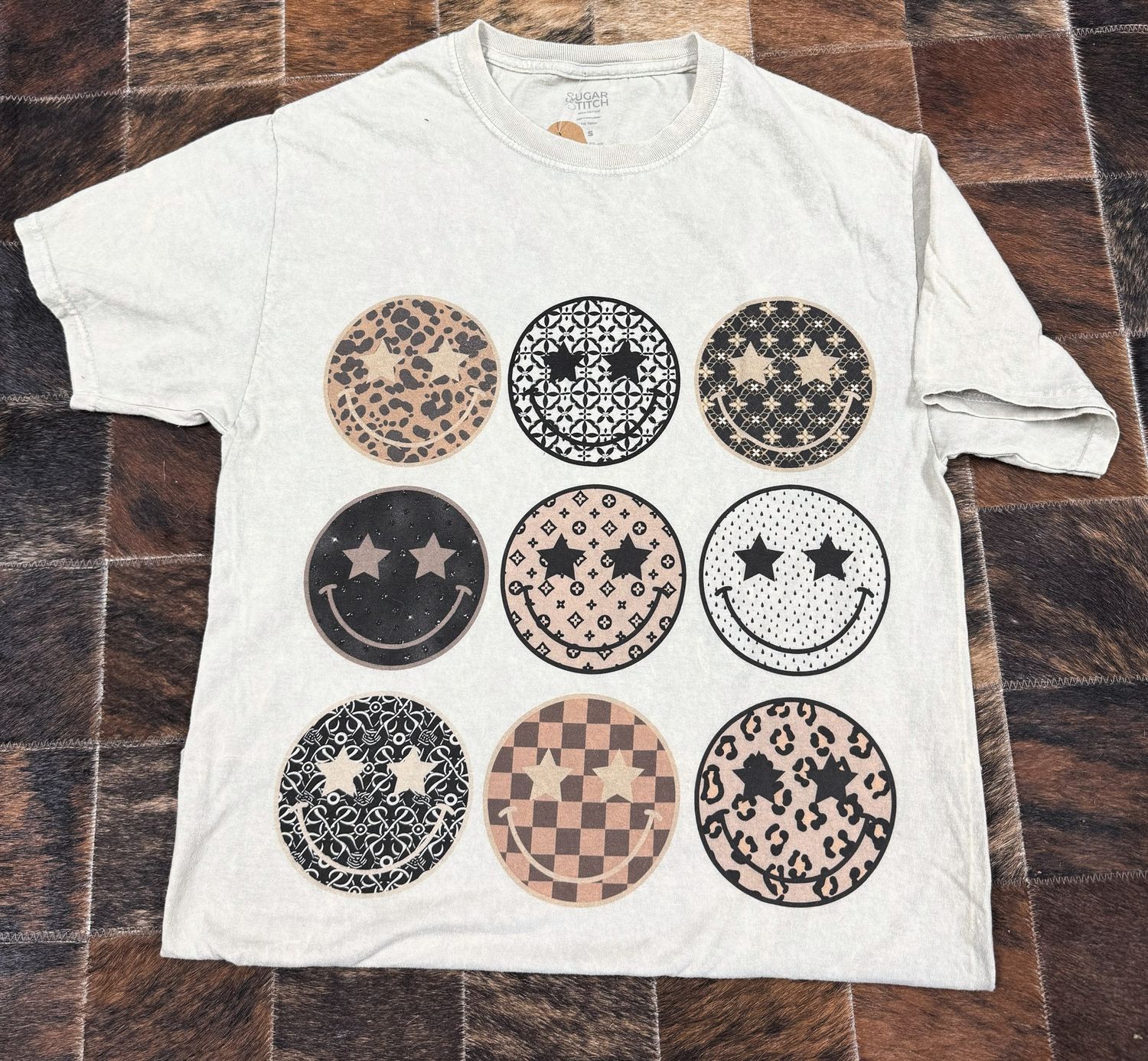 Preppy Smiley Mineral Washed Taupe Graphic Shirt, Size: Small