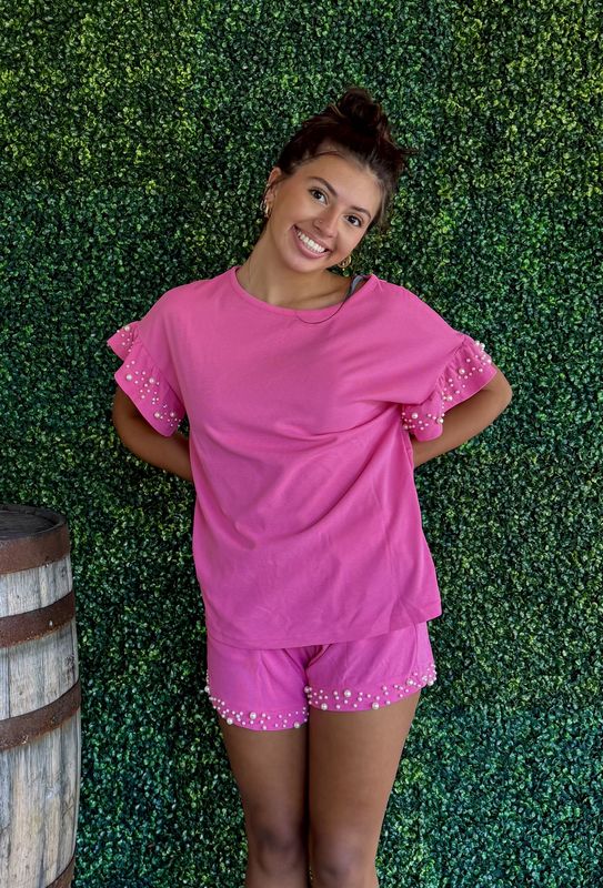 Textured Pearled Ruffle Sleeve Top 2 Piece Shorts Set