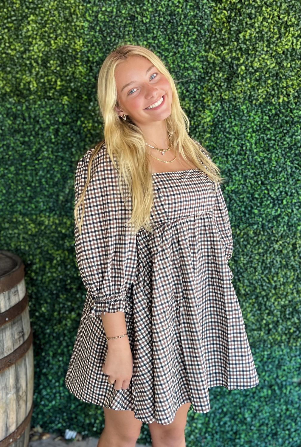 GINGHAM Puff Sleeve Mini Dress, Size: Small