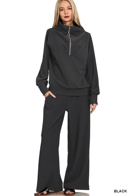 Ribbed High Neck Half Zip Pullover &amp; Pants Set, Color: Black, Size: Small