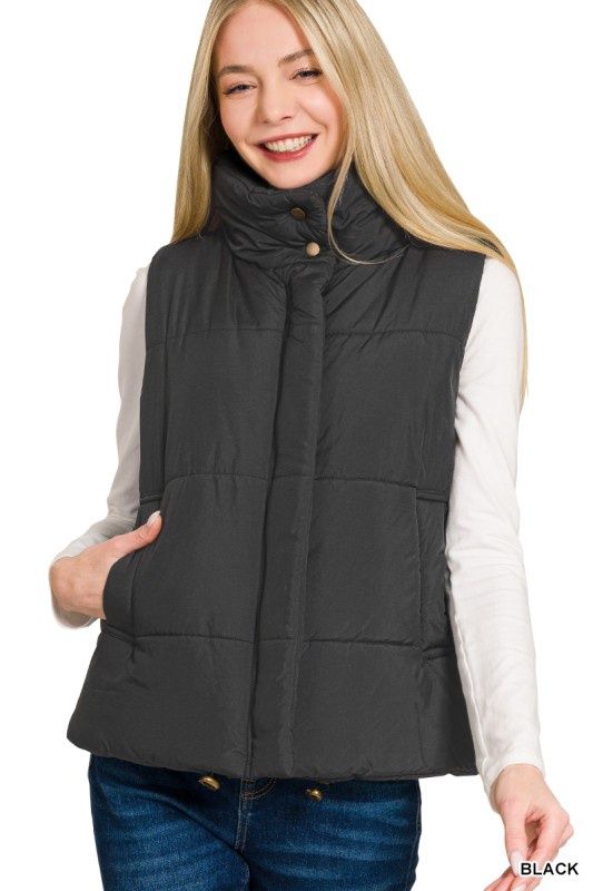 High Neck Puffer Vest, Color: Black, Size: Small
