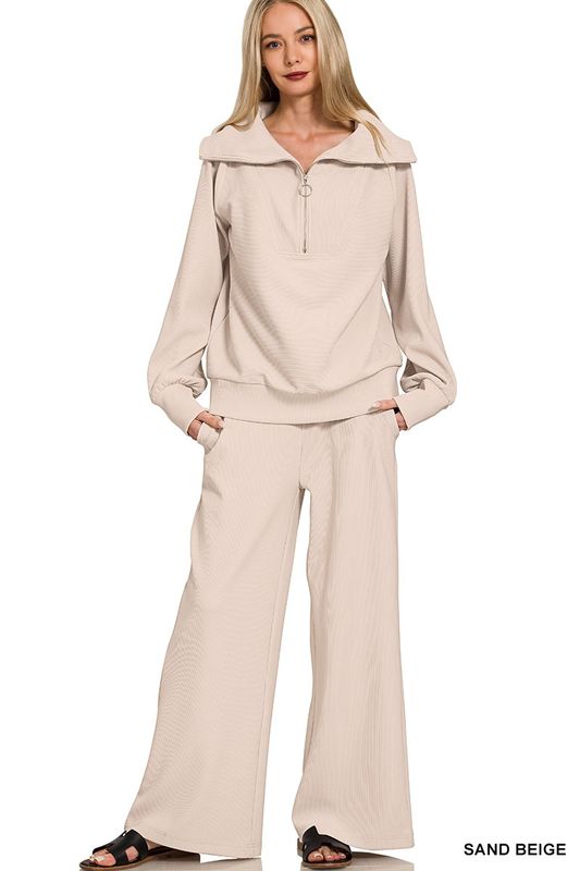 Ribbed High Neck Half Zip Pullover &amp; Pants Set