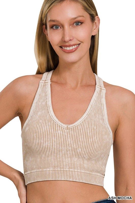 Stone Washed Seamless Racerback Tank Top W Bra Pad, Color: Ash Mocha, Size: Small/Medium