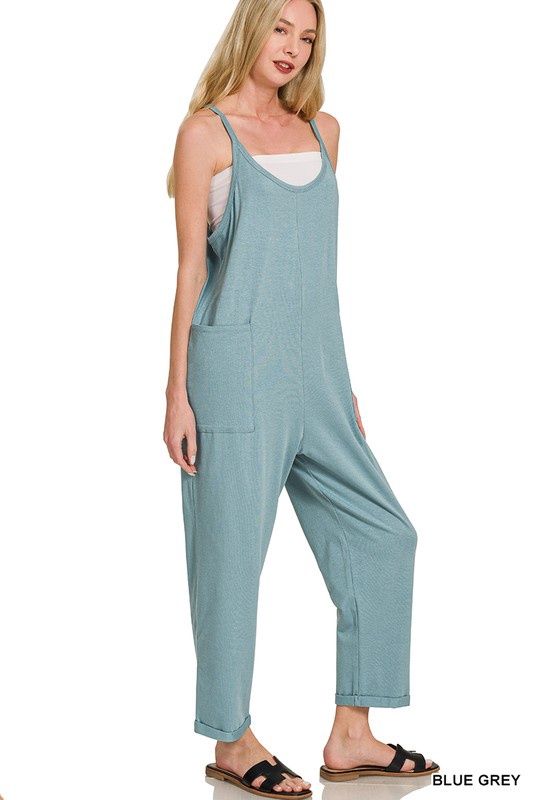 Spaghetti Strap Pocketed Jumpsuit, Color: Blue Gray, Size: Small/Medium