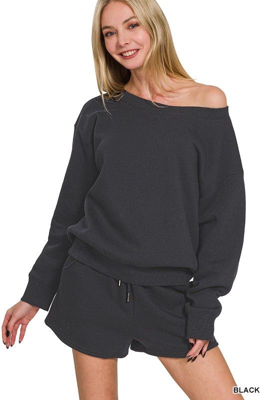Fleece Boat Neck Sweatshirts &amp; Shorts 2pcs Set, Color: Black, Size: Small