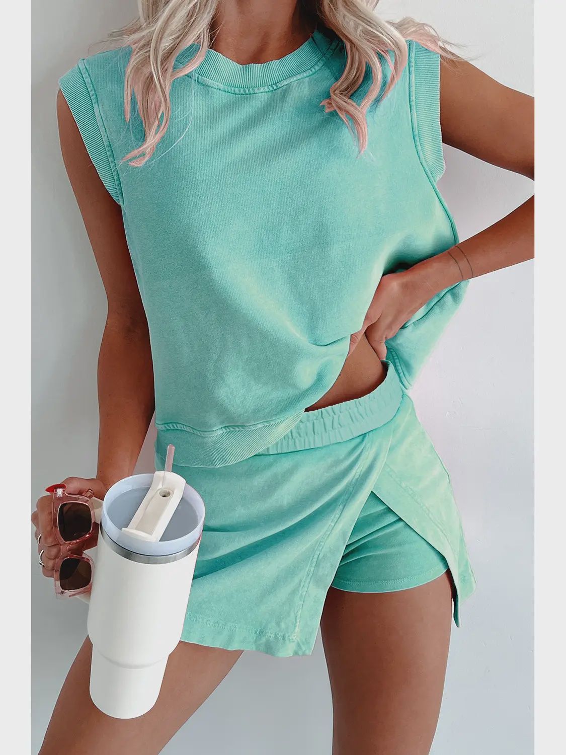 Ivy | Cotton Tank Top Lined Skort Set, Color: Mint Green, Size: Medium