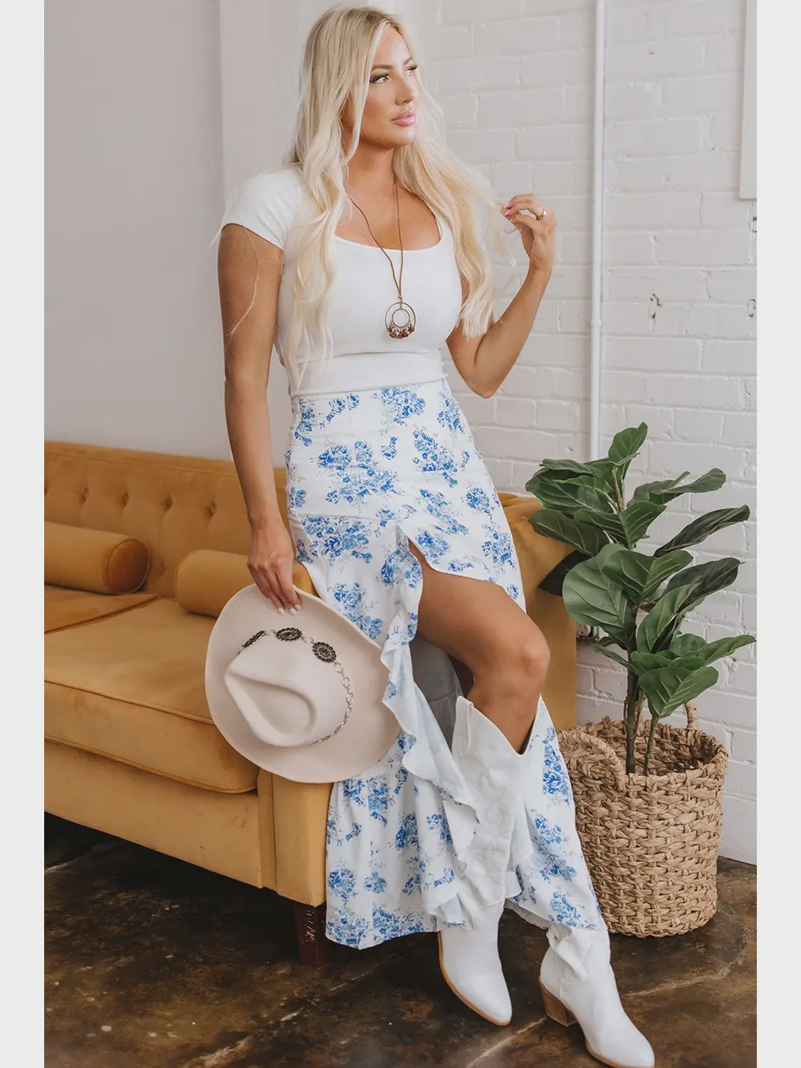 Summer | Boho Floral High Waist Ruffle Split Maxi Skirt, Size: Small