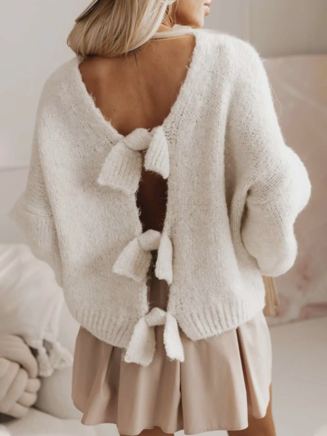 Backless Knit Sweater with Bow Tie, Size: Small
