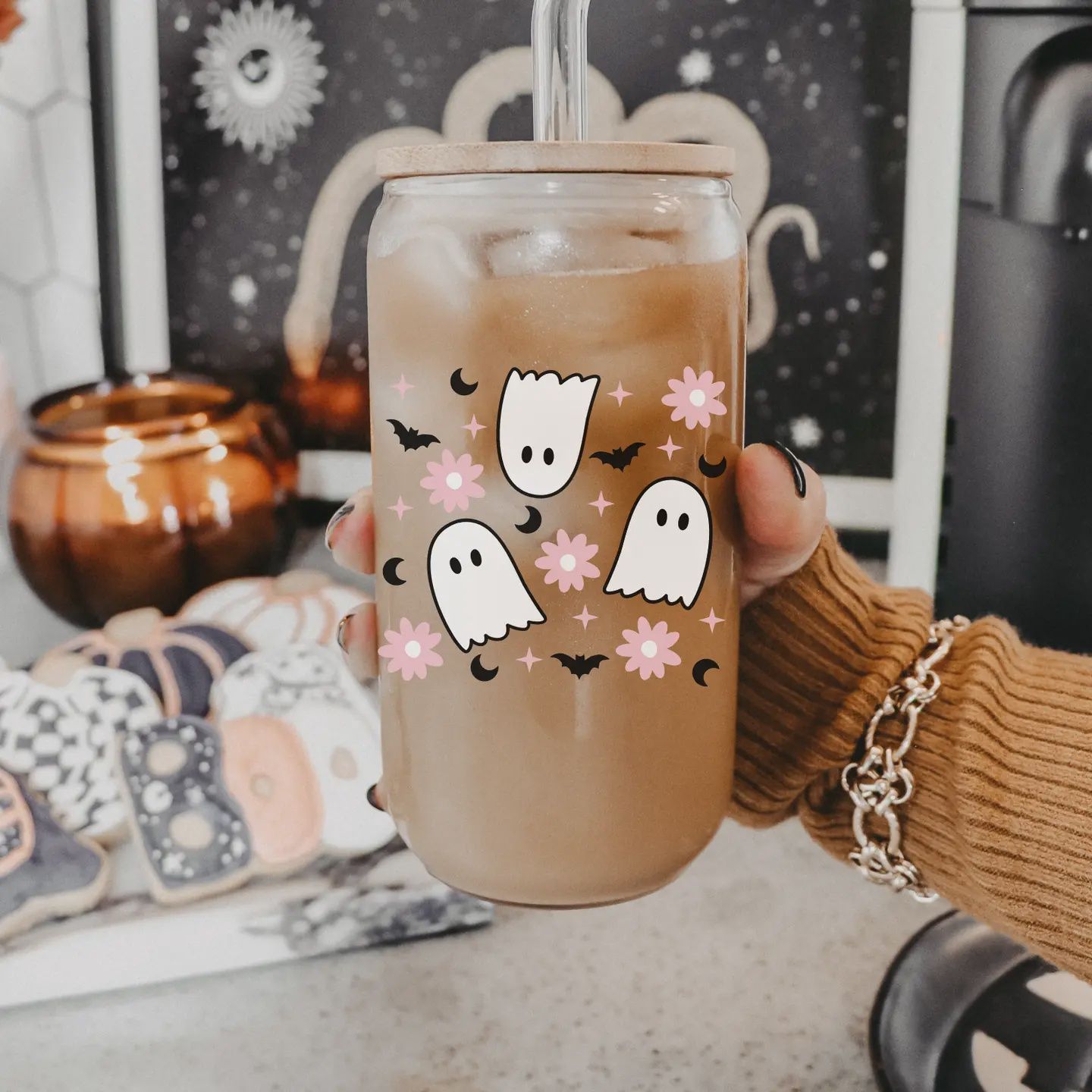 Floral Ghost 16oz &amp; 20oz Halloween Glass Cup