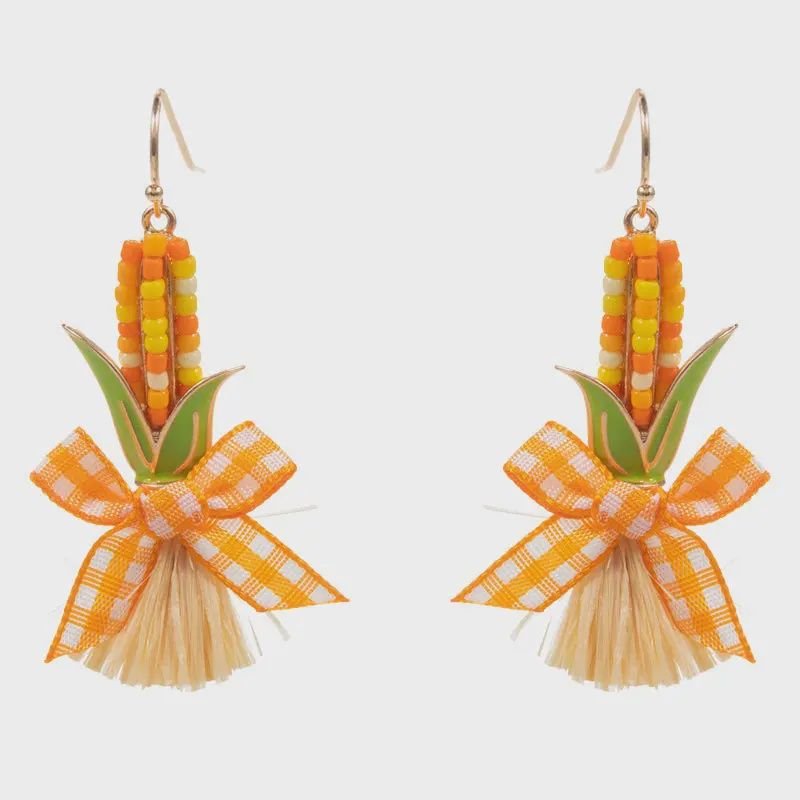 Thanksgiving Corn Bead Raffia Tassel Hook Earrings