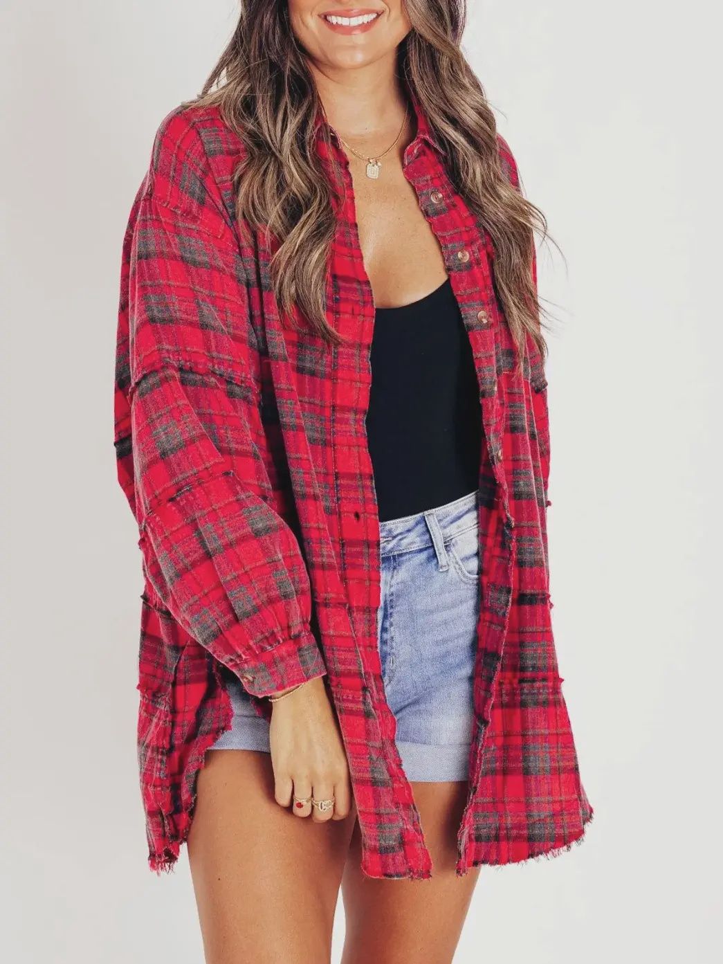 Plaid Shirt Oversized Long Shacket, Color: Red, Size: Small