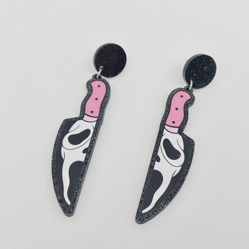 Halloween Pink Knife Skull Post Earrings
