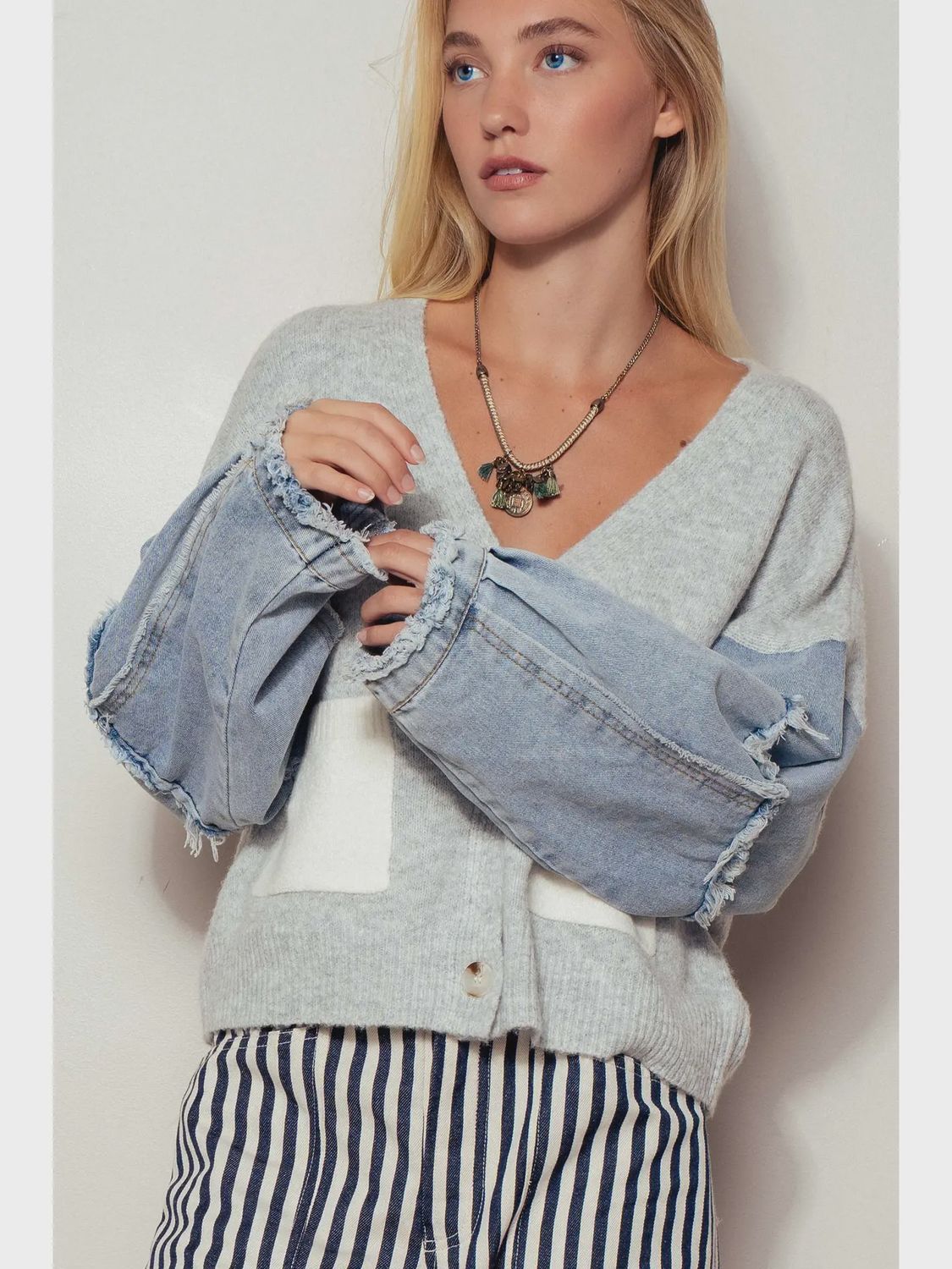 Denim Sleeve Knit Cardigan Casual Sweater Top, Size: Small/Medium