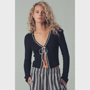 Ribbon Tie Contrast Trim Knit Cardigan, Size: Small
