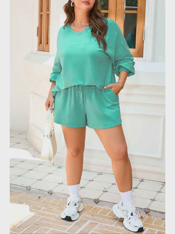 Plus Size V-Neck Pullover and Shorts Set