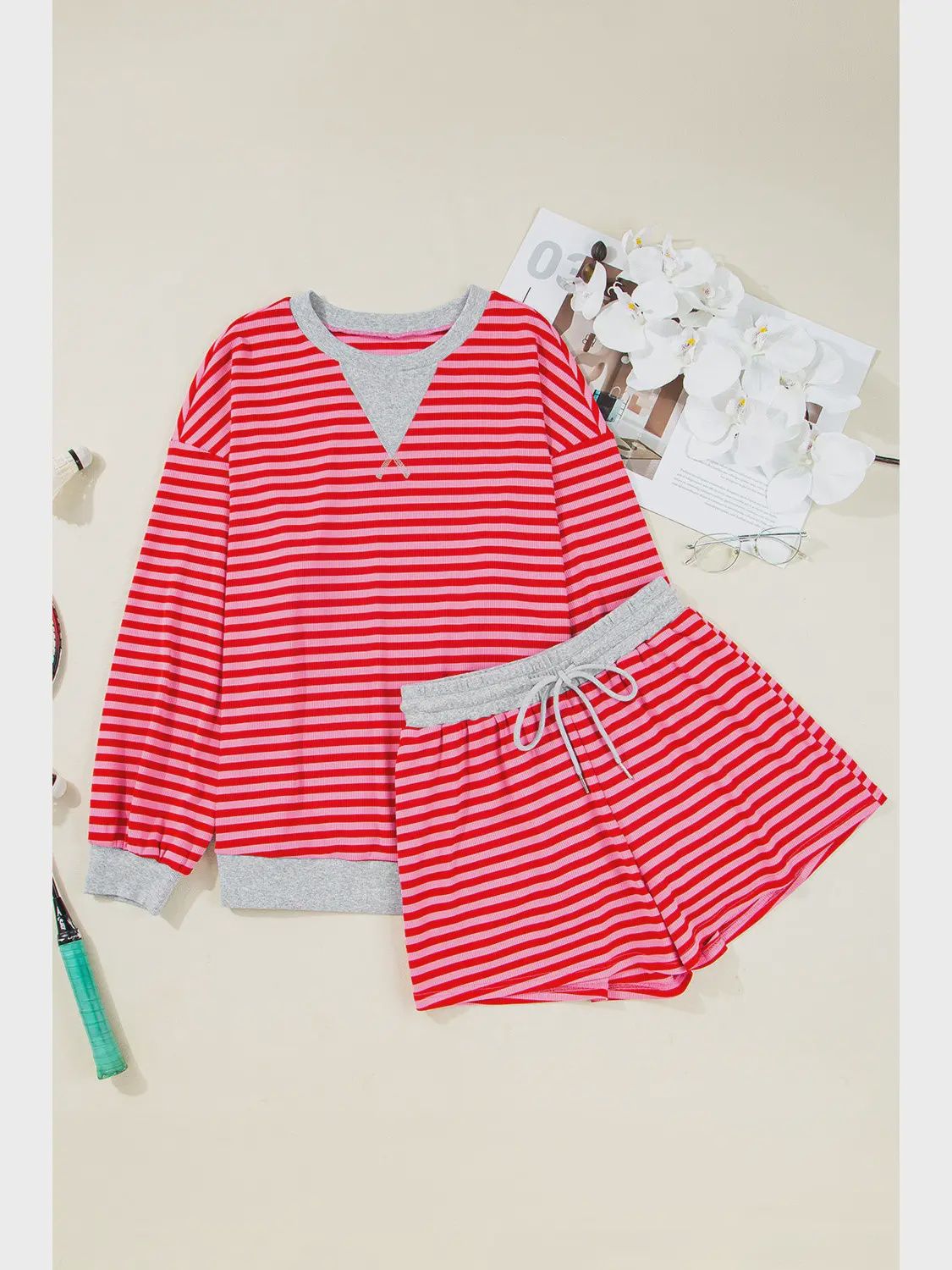 Stripe Ribbed Pullover and Shorts Set, Size: Medium