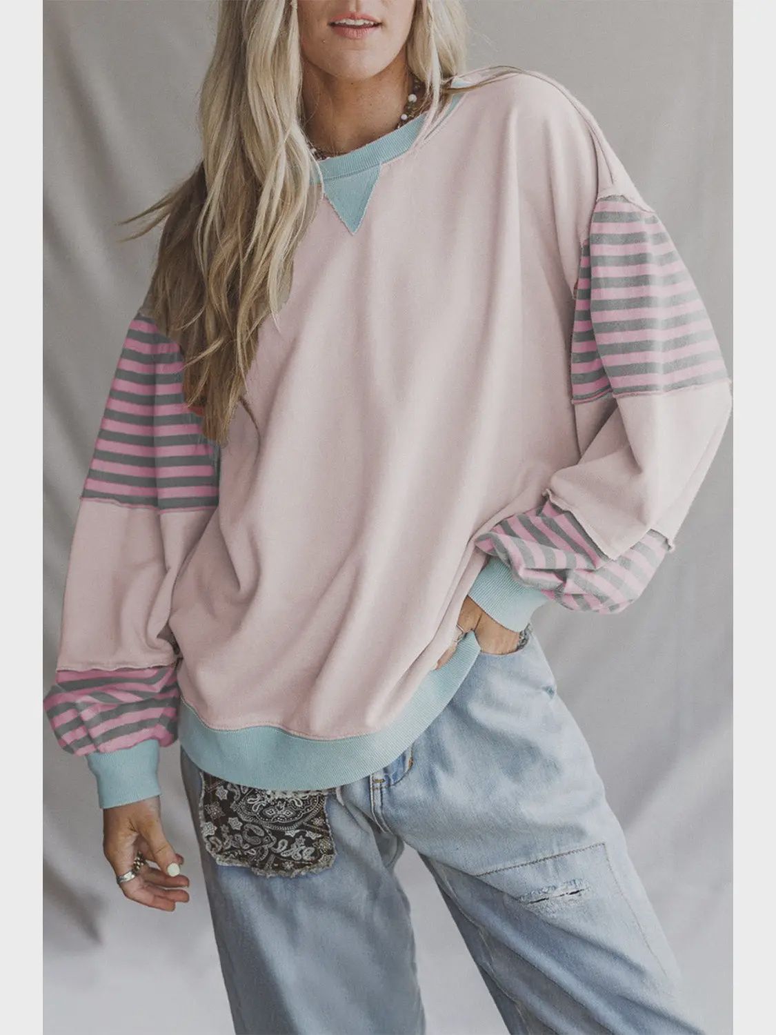 Striped Colorblock Drop Shoulder Sweatshirt, Size: Small