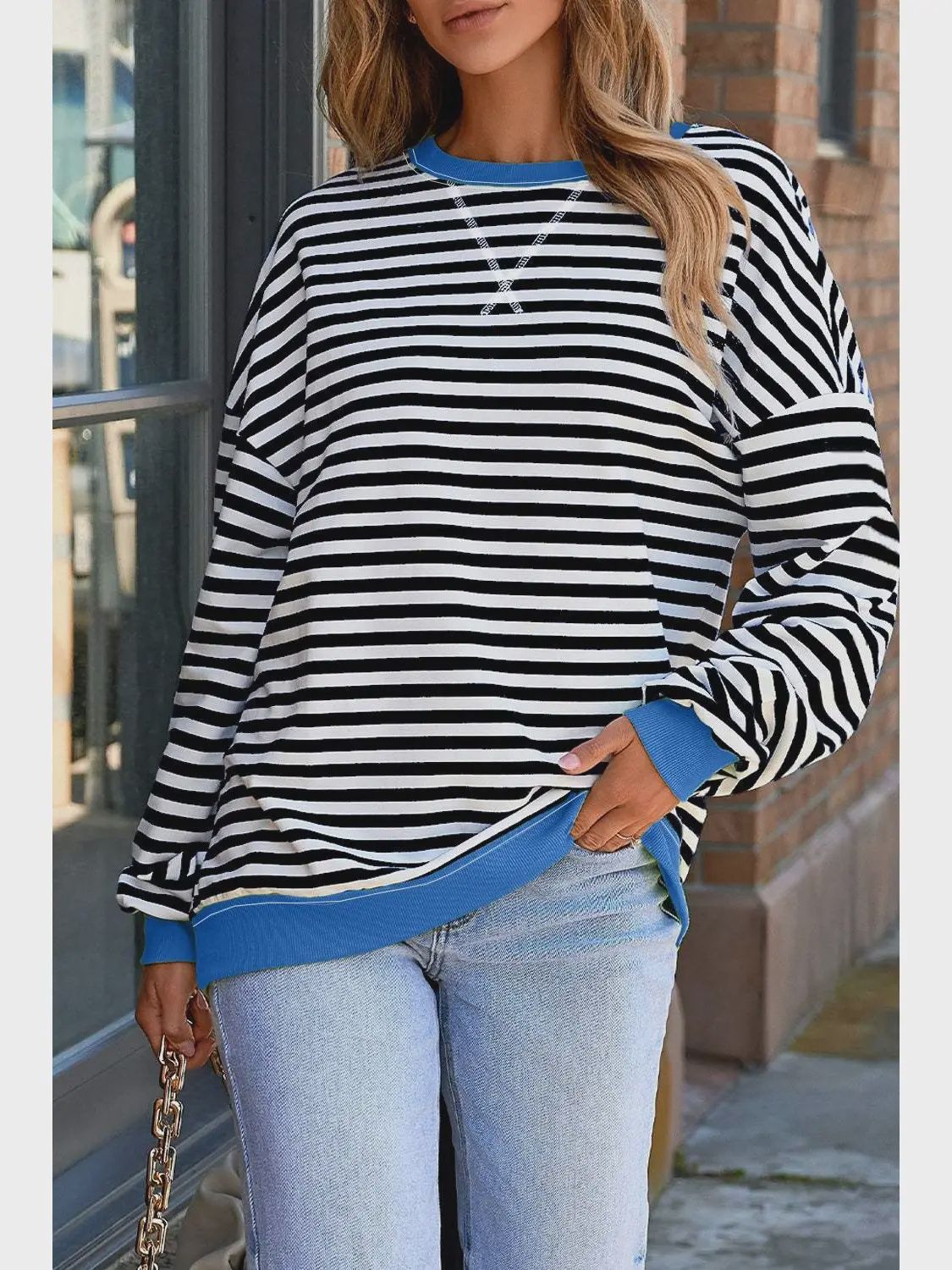 Stripe Contrast Ribbed Trim Sweatshirt, Color: White Stripe, Size: Small