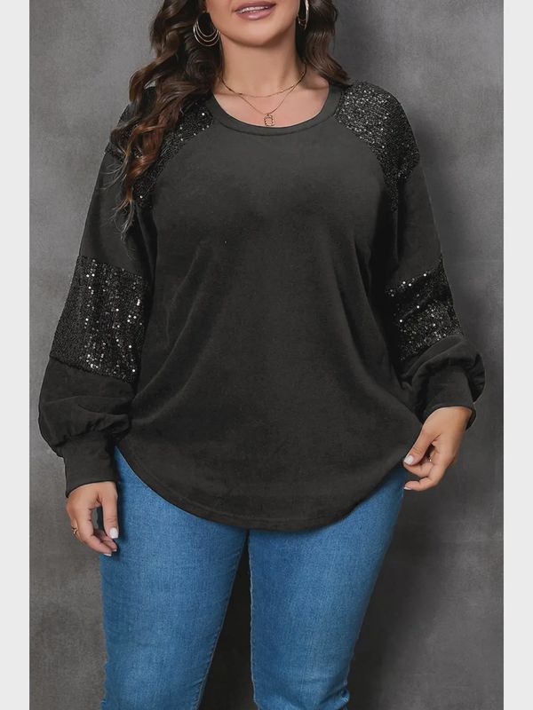 Plus Size Sequin Patchwork Long Sleeve Top