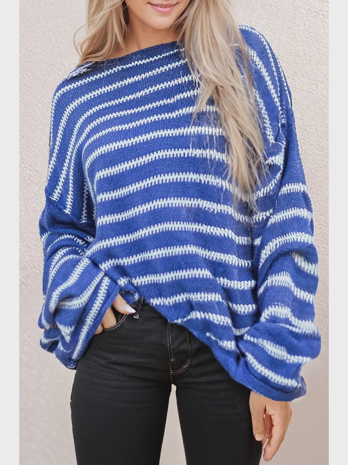 Stripe Drop Shoulder Round Neck Sweater, Size: Small