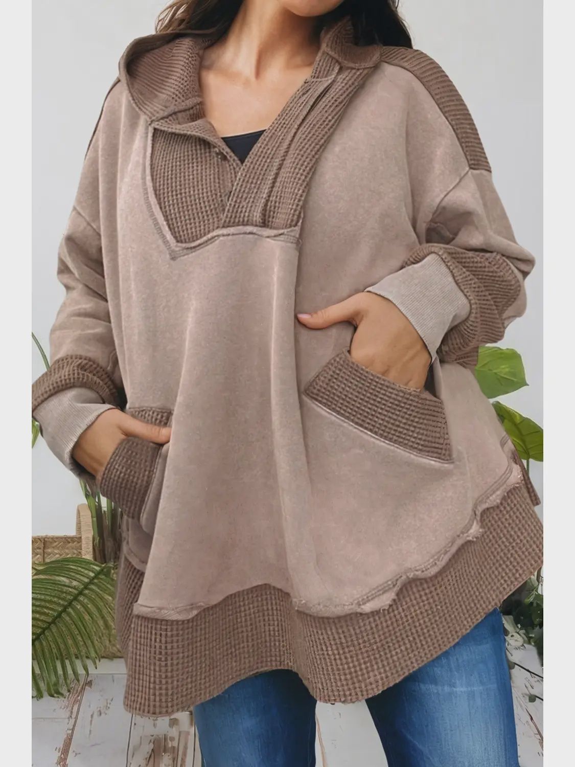 Waffle Contrast Patchwork Plus Size Pocketed Hoodie, Size: 1X-Large