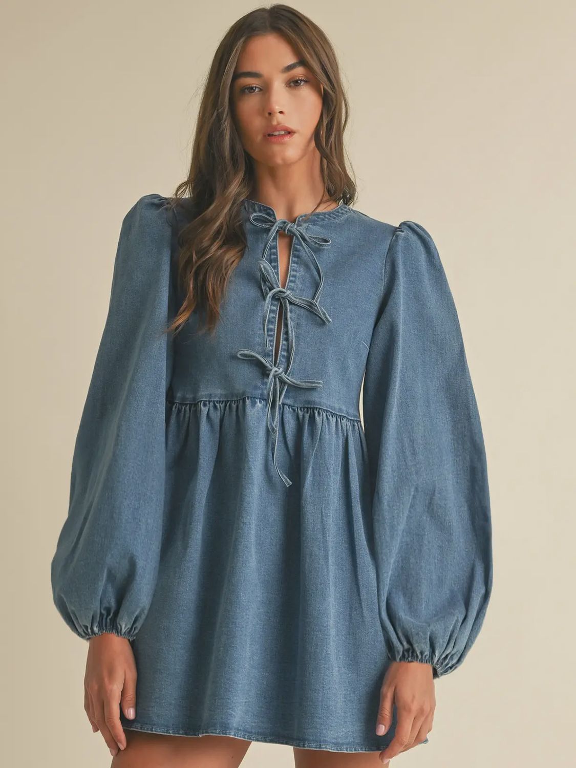 Fall Denim Dress with Puff Sleeves &amp; Tie-Front Detail, Size: Small