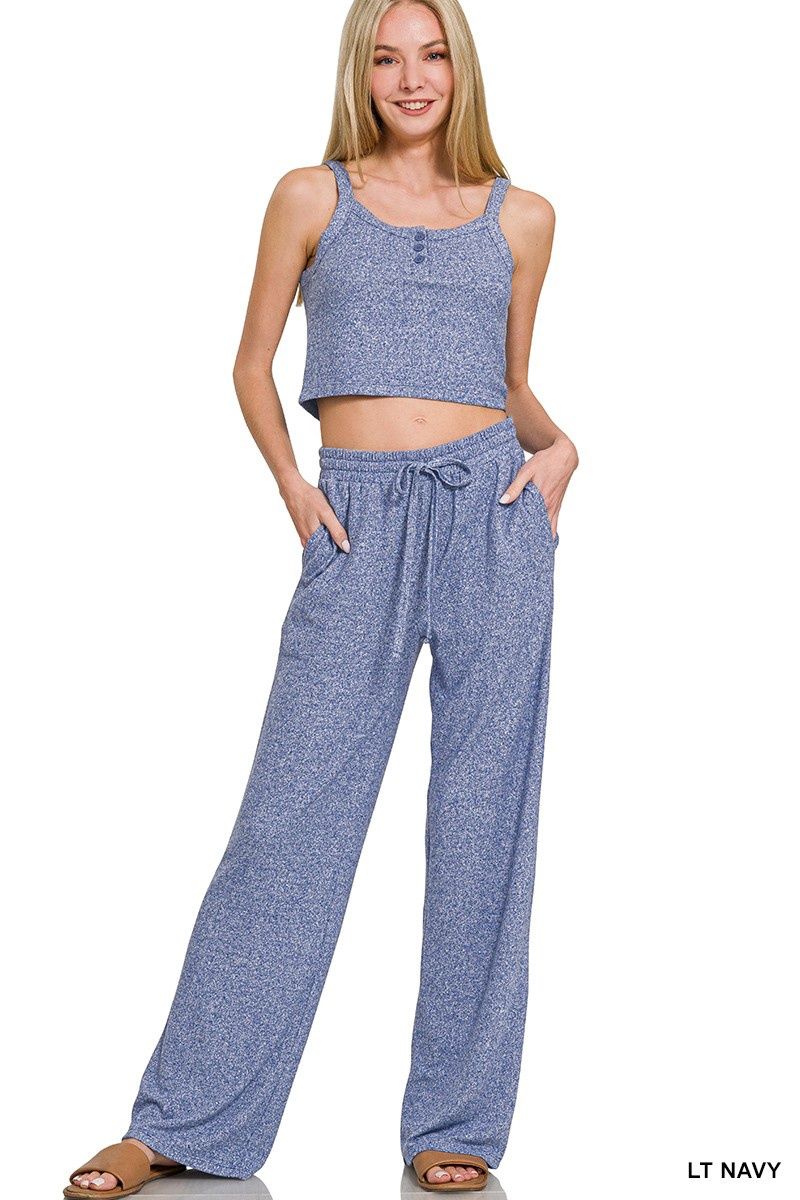 Crop Tank Top Wide Drawstring Pants Set, Color: Light Navy, Size: Small