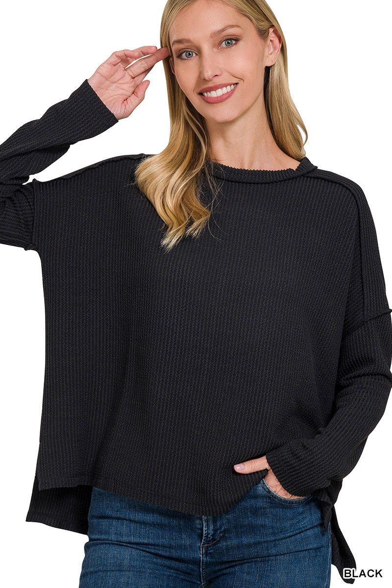 Raised Rib Raw Edge Boat Neck Long Sleeve Top, Color: Black, Size: Small/Medium