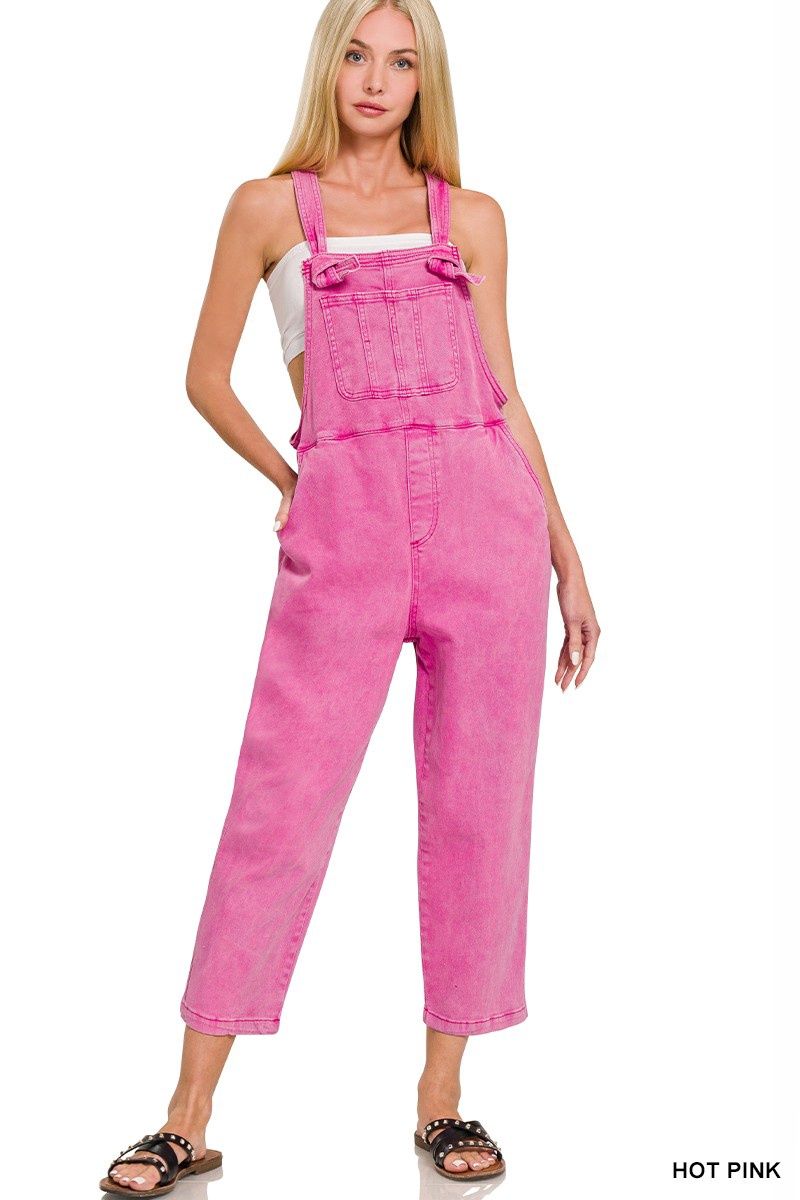 Washed Knot Strap Relaxed Fit Overalls, Color: Hot Pink, Size: Small