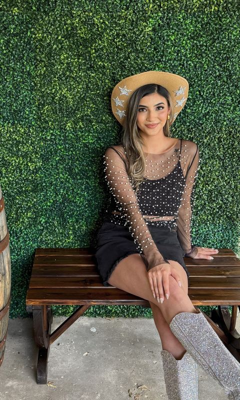 Sheer Lace Rhinestone Beads Long Sleeve Top